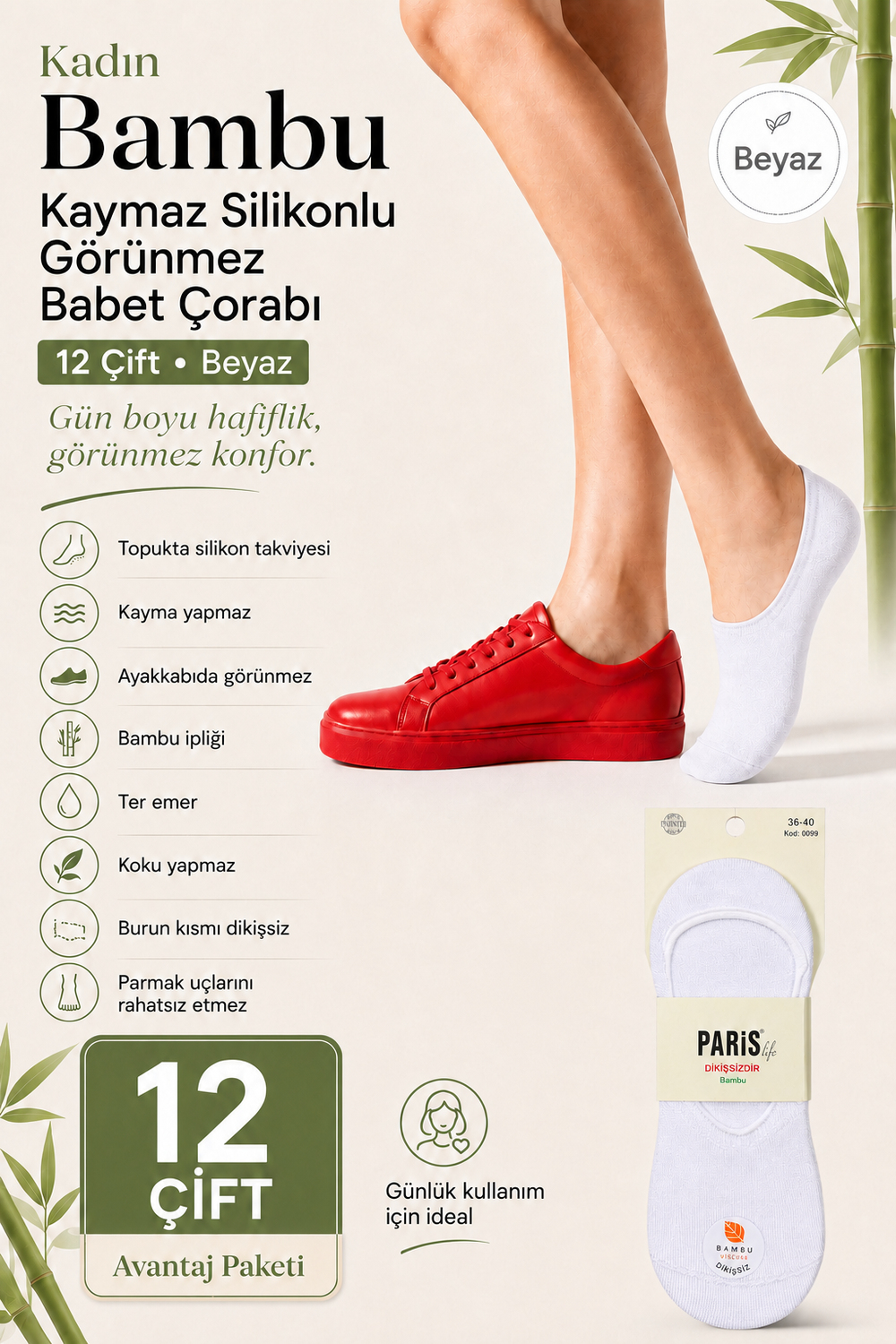 Kadın Bambu Kaymaz Silikonlu Görünmez Babet Çorabı – 12 Çift - BEYAZ