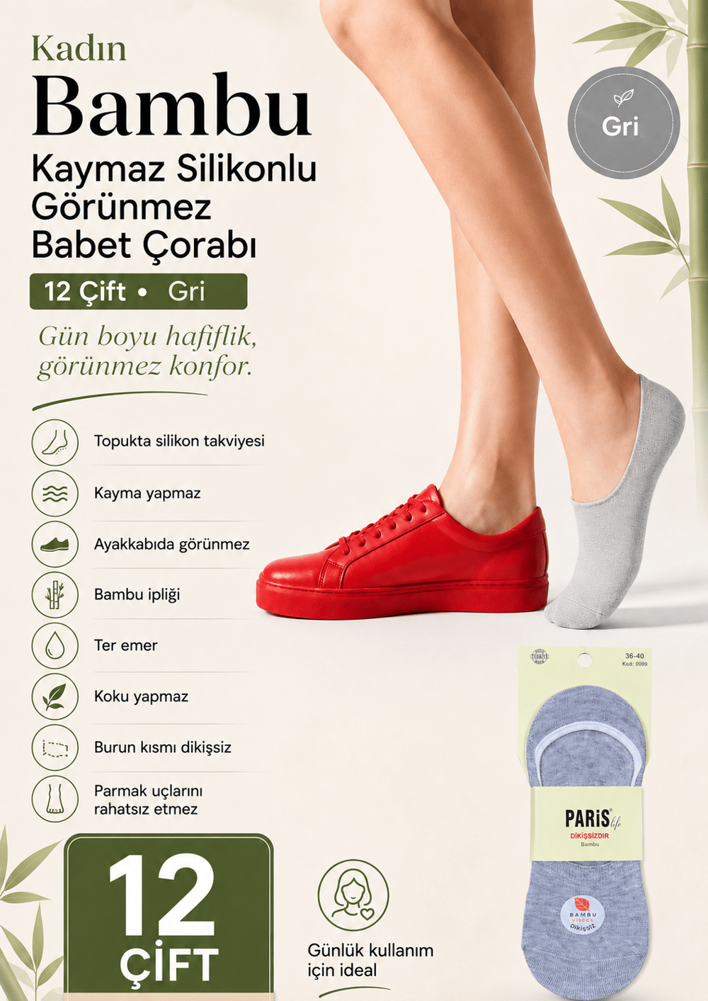 Kadın Bambu Kaymaz Silikonlu Görünmez Babet Çorabı – 12 Çift - GRİ
