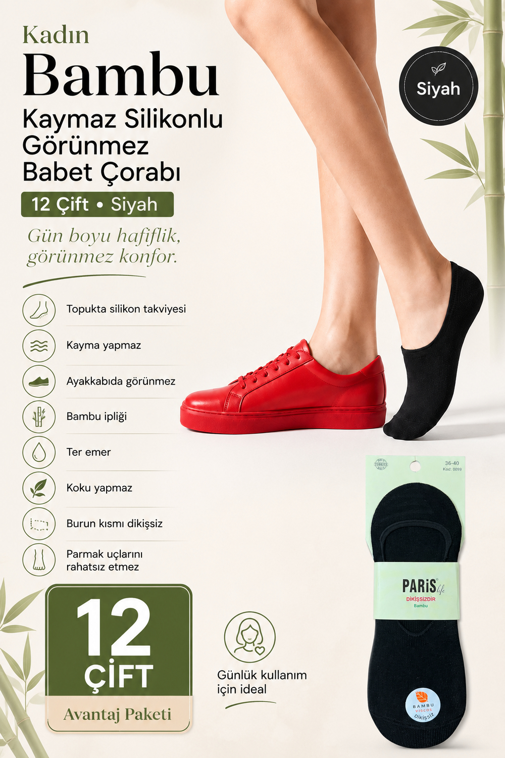 Kadın Bambu Kaymaz Silikonlu Görünmez Babet Çorabı – 12 Çift - SİYAH 