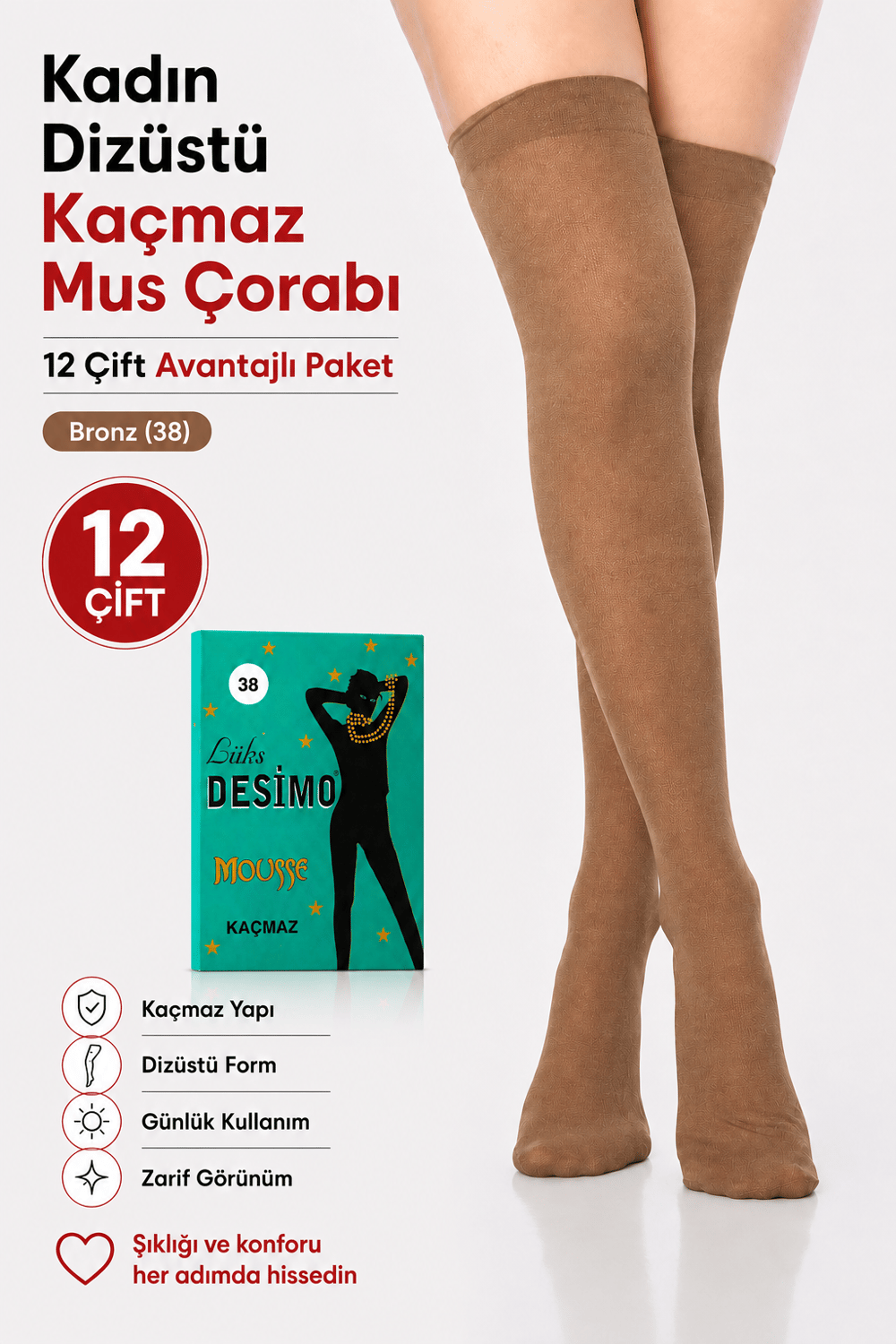 Kadın Dizüstü Kaçmaz Mus Çorabı- 12 Çift - Bronz (38)