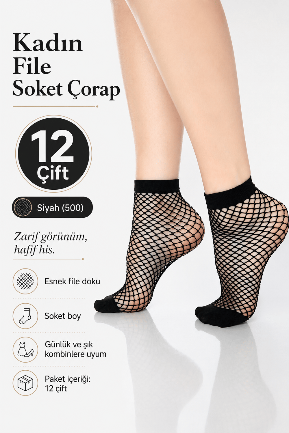 Kadın File Soket Çorap – 12 Çift - Siyah (500)