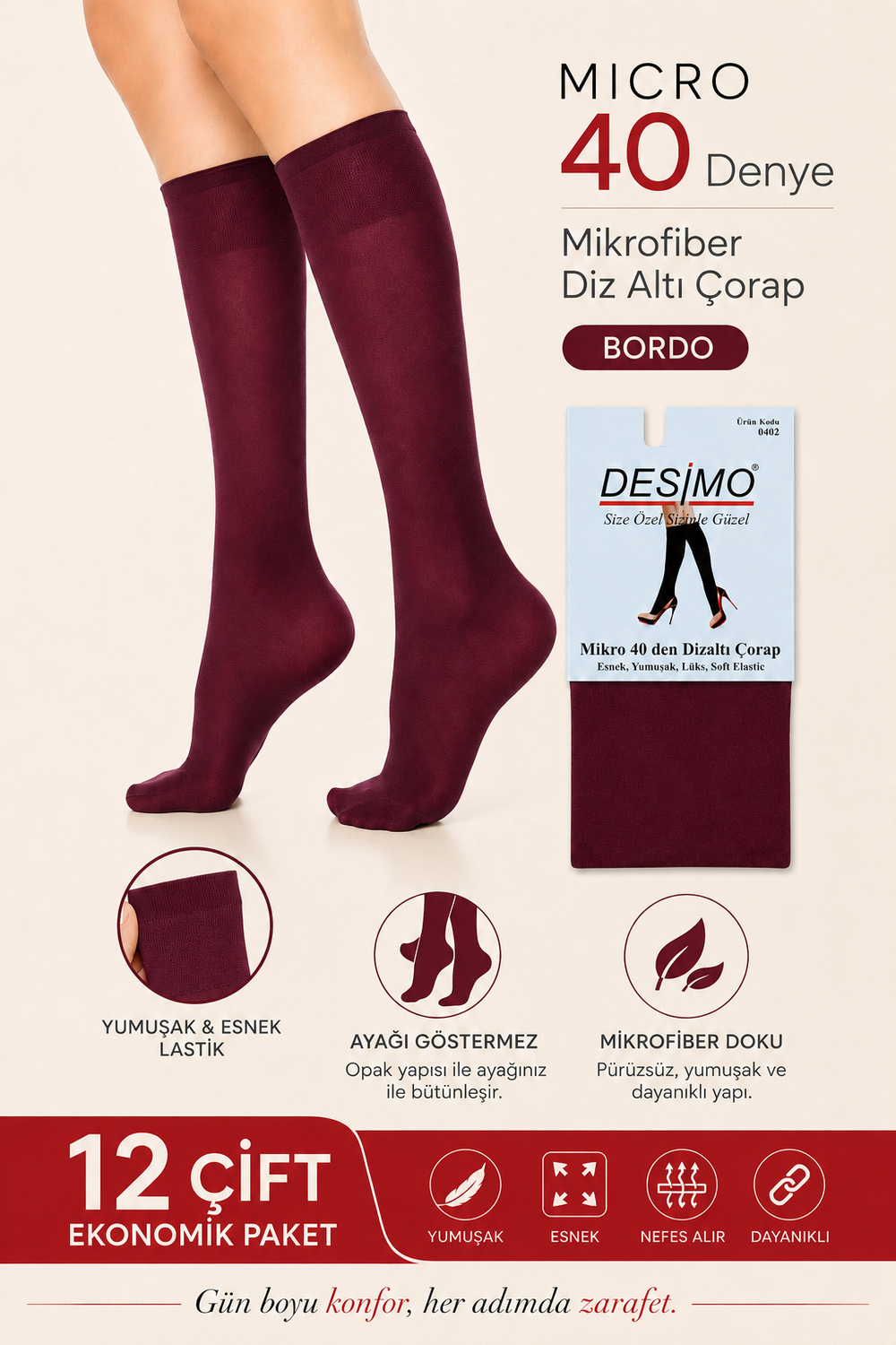 Micro 40 Denye Kadın Mikrofiber Orta Kalın Diz Altı Pantolon Çorabı – 12 Çift - Bordo