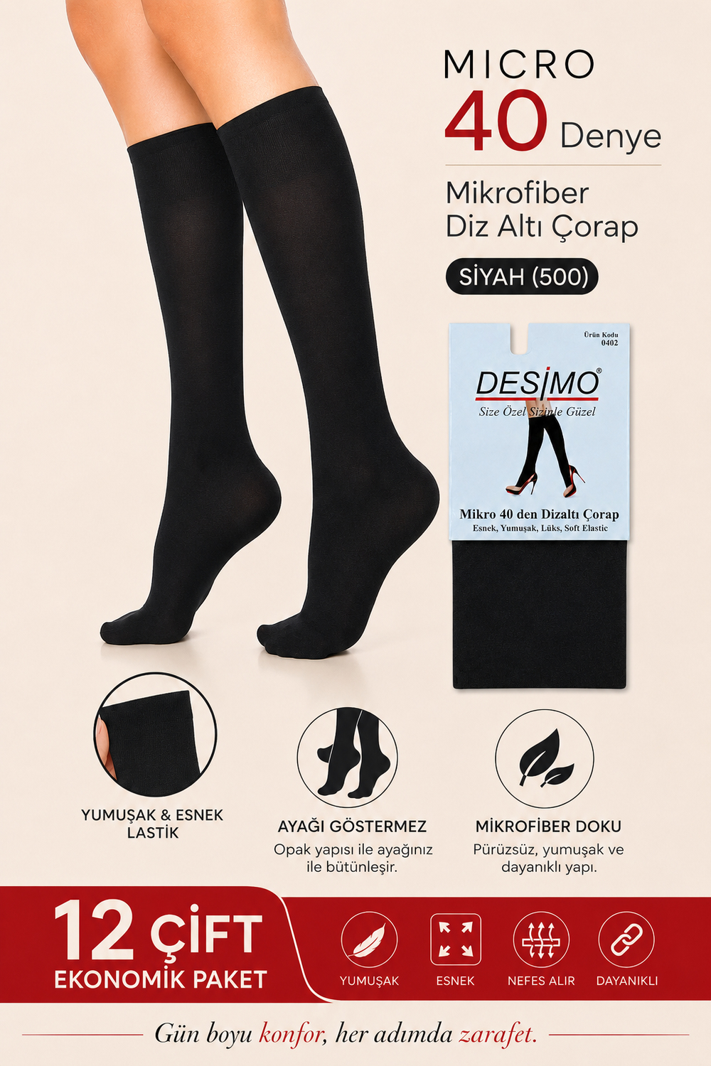 Micro 40 Denye Kadın Mikrofiber Orta Kalın Diz Altı Pantolon Çorabı – 12 Çift - Siyah (500)