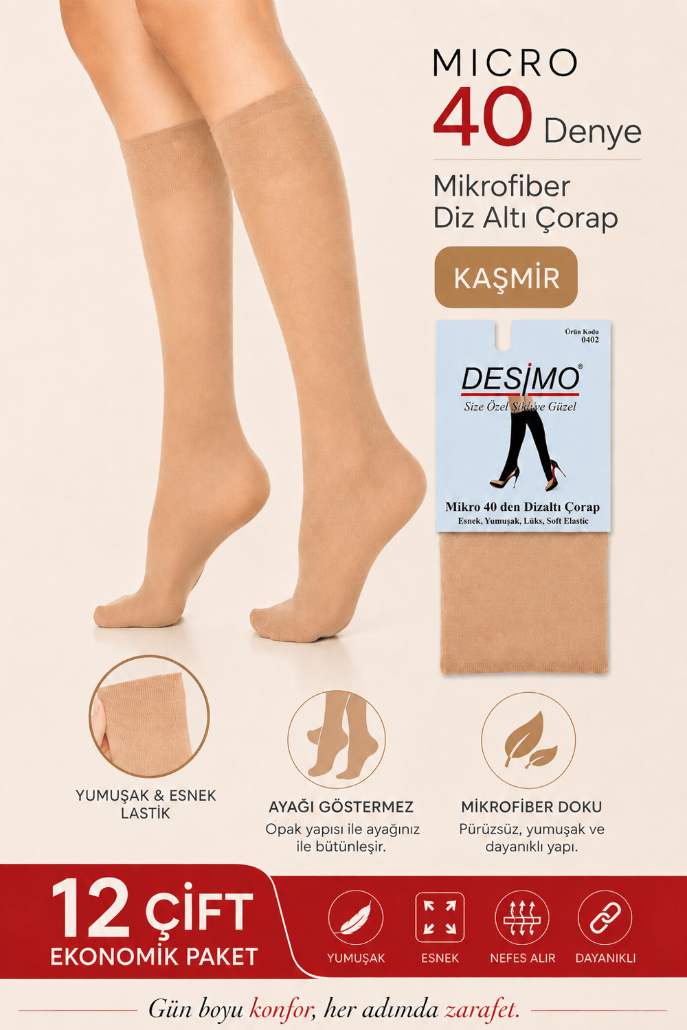 Micro 40 Denye Kadın Mikrofiber Orta Kalın Diz Altı Pantolon Çorabı – 12 Çift - Kaşmir