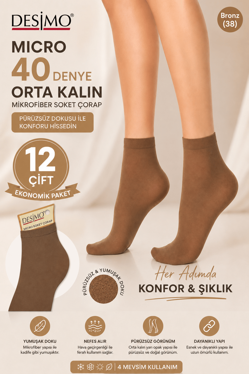 Micro 40 Denye Kadın Mikrofiber Orta Kalın Soket Çorap – 12 Çift - Bronz (38)