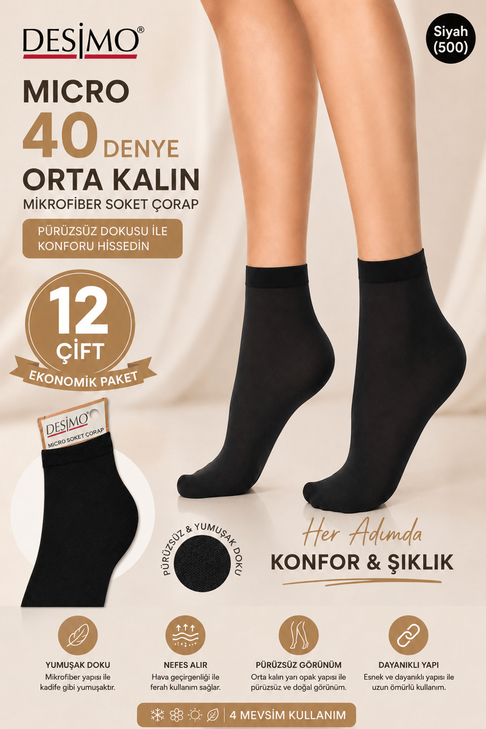 Micro 40 Denye Kadın Mikrofiber Orta Kalın Soket Çorap – 12 Çift - Siyah (500)