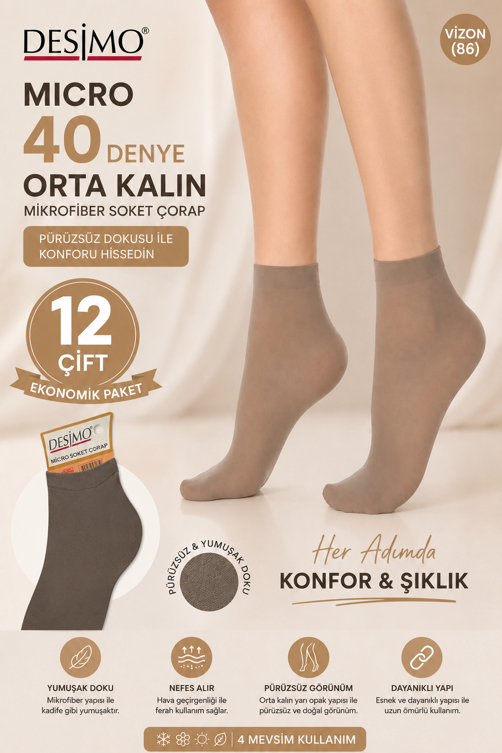 Micro 40 Denye Kadın Mikrofiber Orta Kalın  Soket Çorap – 12 Çift - Vizon (86)