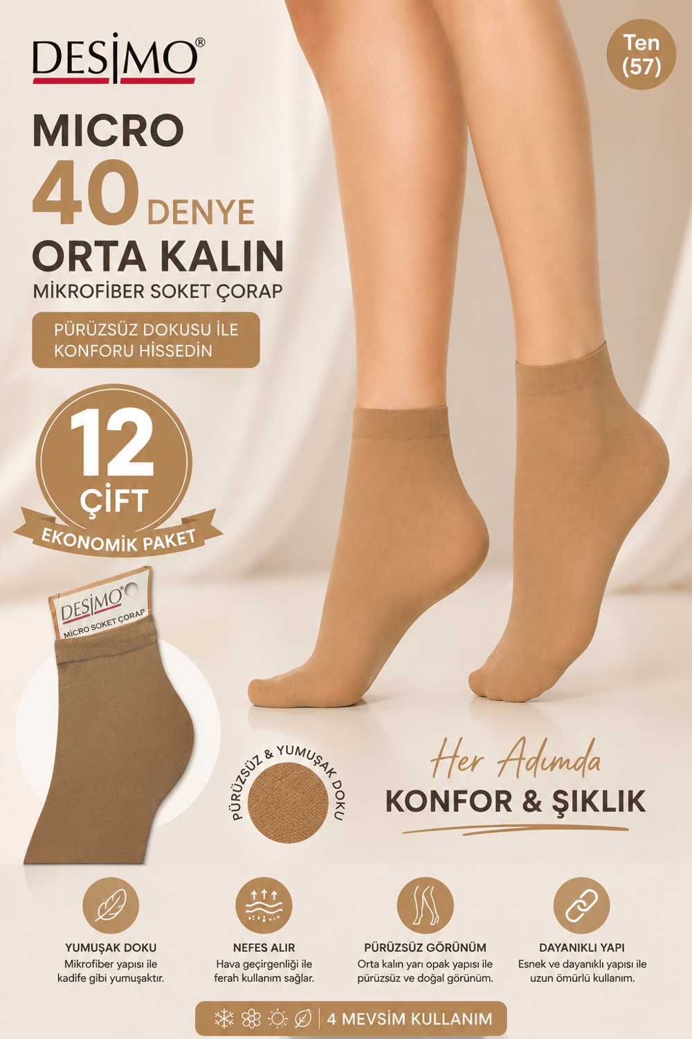 Micro 40 Denye Kadın Mikrofiber Orta Kalın Soket Çorap – 12 Çift - Ten (57)