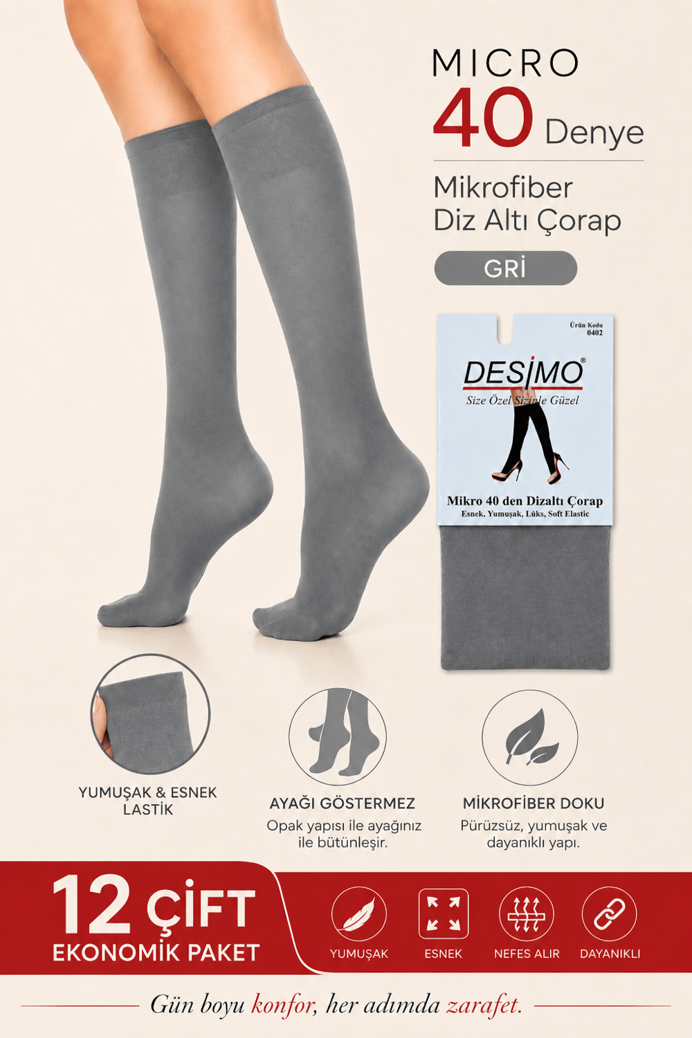 Micro 40 Denye Kadın Mikrofiber Orta Kalın Diz Altı Pantolon Çorabı – 12 Çift - Gri