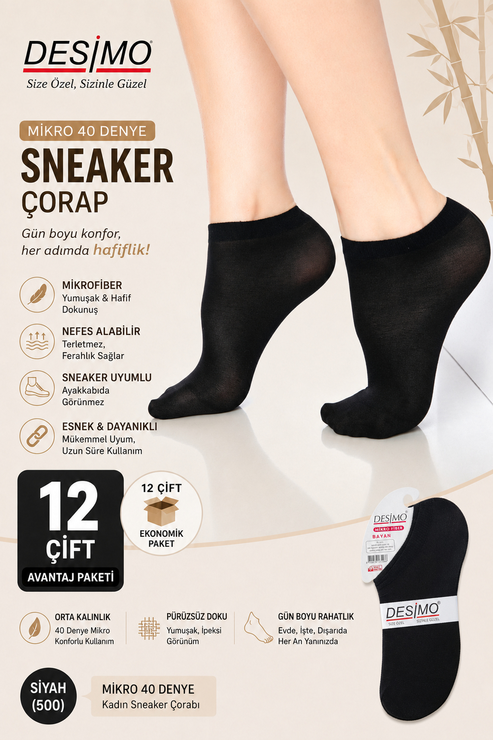 Micro 40 Denye Kadın Mikrofiber Orta Kalın Sneaker Çorabı – 12 Çift - SİYAH (500)