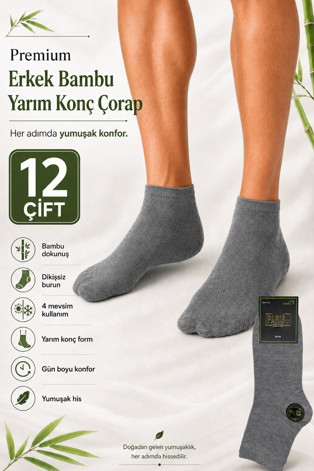 Premium Erkek Bambu Dikişsiz 4 Mevsim Yarım Konç Çorap – 12 Çift - GRİ