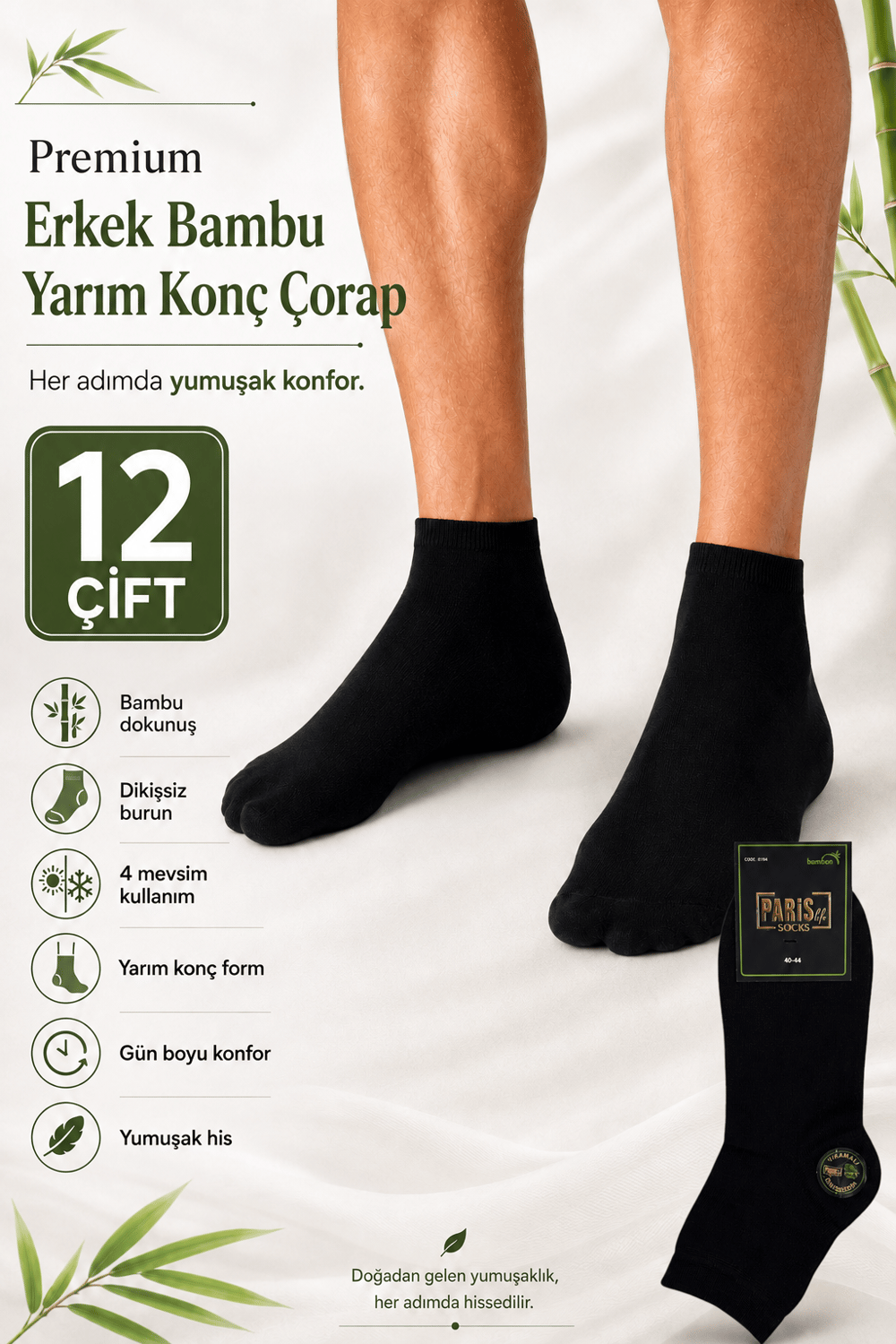 Premium Erkek Bambu Dikişsiz 4 Mevsim Yarım Konç Çorap – 12 Çift - SİYAH