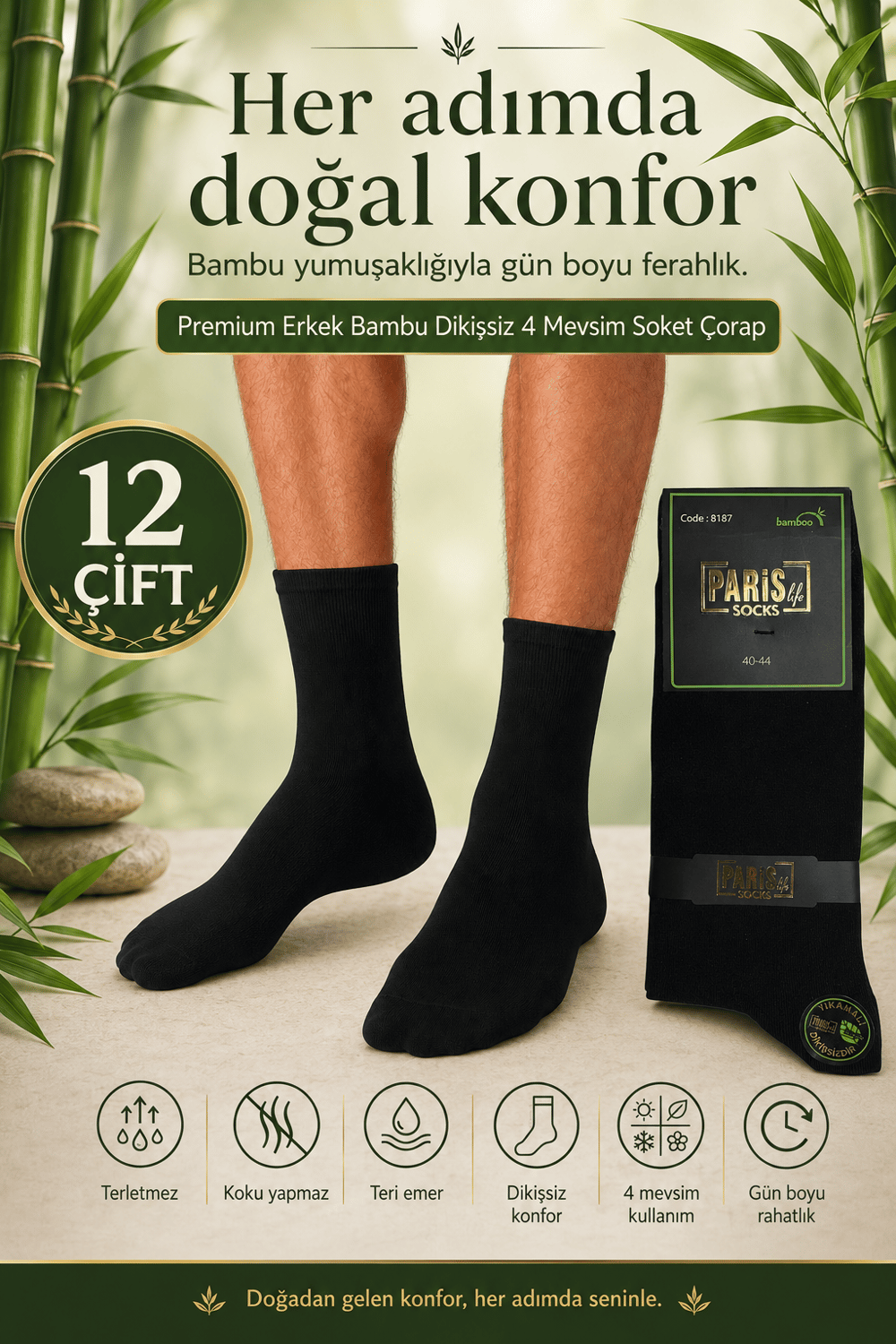 Premium Erkek Bambu Dikişsiz 4 Mevsim Soket Çorap – 12 Çift - SİYAH