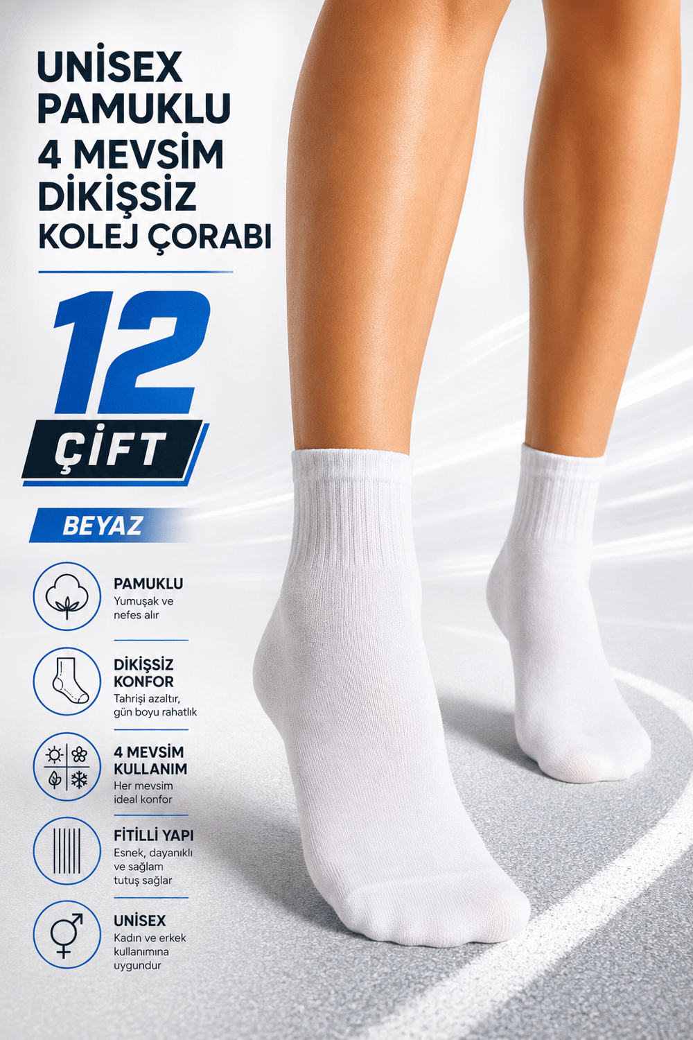 Unisex Pamuklu 4 Mevsim Dikişsiz Kolej Çorabı – 12 Çift - BEYAZ