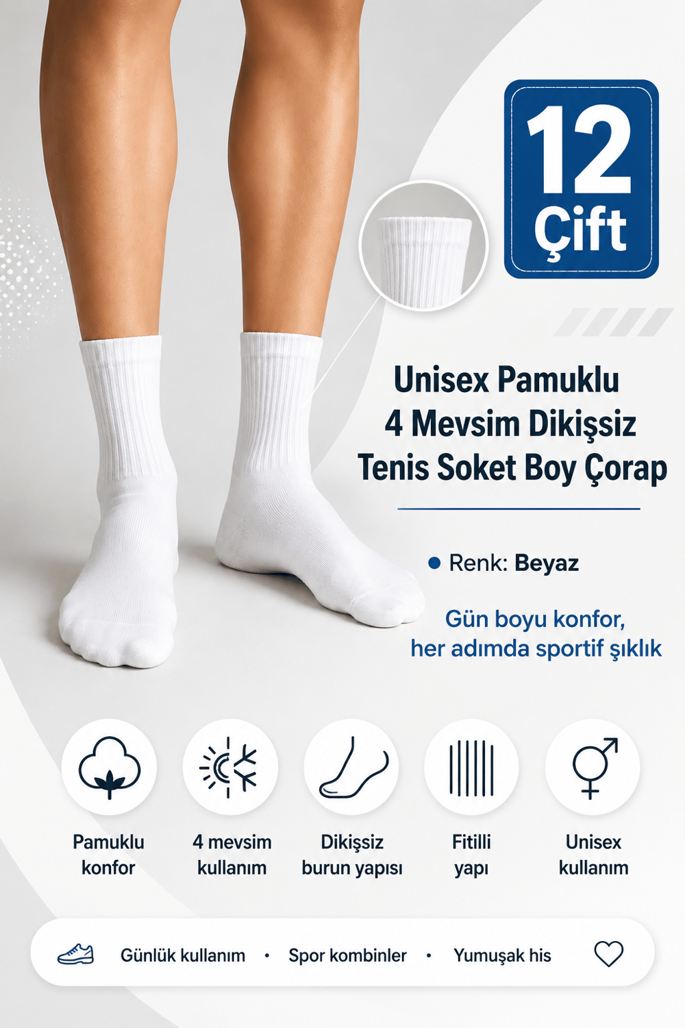 Unisex Pamuklu 4 Mevsim Dikişsiz Tenis Soket Boy Çorap – 12 Çift - Beyaz