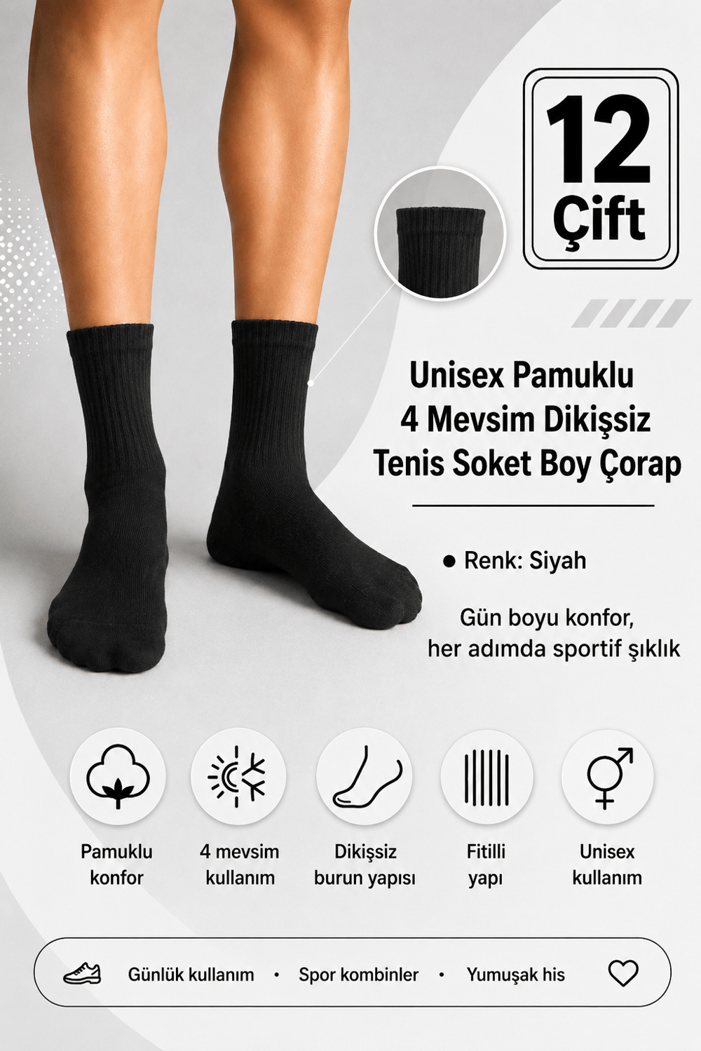 Unisex Pamuklu 4 Mevsim Dikişsiz Tenis Soket Boy Çorap – 12 Çift - Siyah