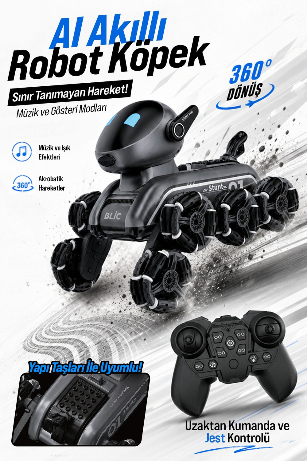 BLIC BRB3 AI Robot Dog Akıllı Robot Köpek – 2.4GHz Uzaktan Kumandalı, 360° Omni Tekerlekli, Drift ve Akrobatik Hareketli, Işık ve Ses Efektli Oyuncak