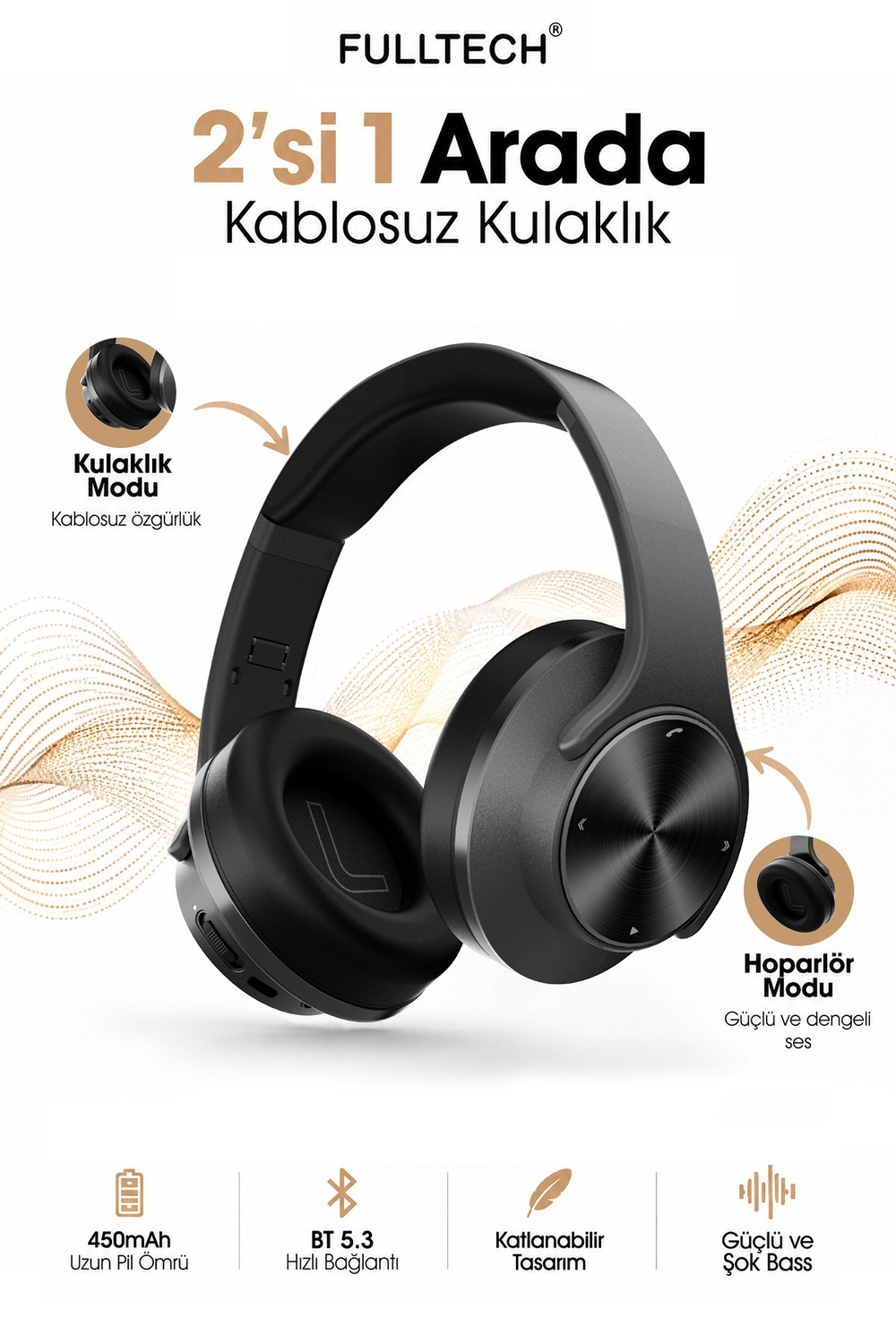 Fulltech FH-07 2'si 1 Arada Bluetooth 5.3 Kablosuz Kulaklık ve Hoparlör Siyah – 3W Çift Hoparlör, IPX4, Katlanabilir Tasarım