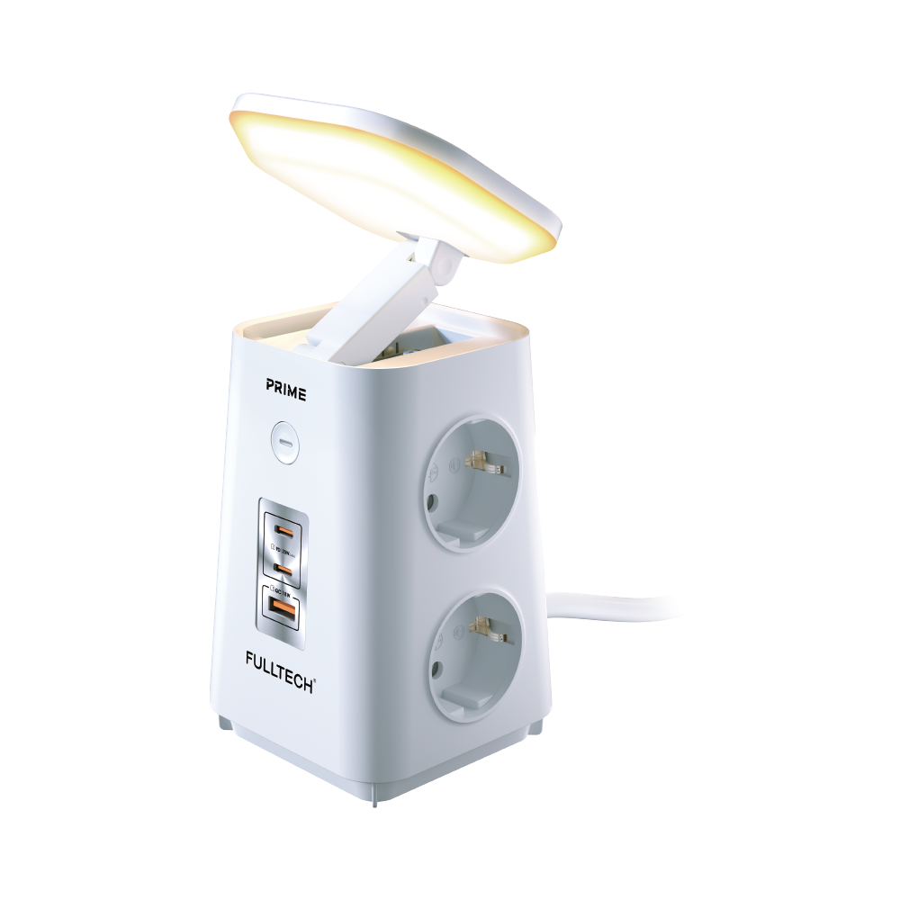 Fulltech FTR-38 600J Akım Korumalı 4'lü Priz – 20W PD Hızlı Şarj, USB-A ve 2 x USB-C Çıkışlı, Katlanabilir Gece Lambalı Güç Ünitesi