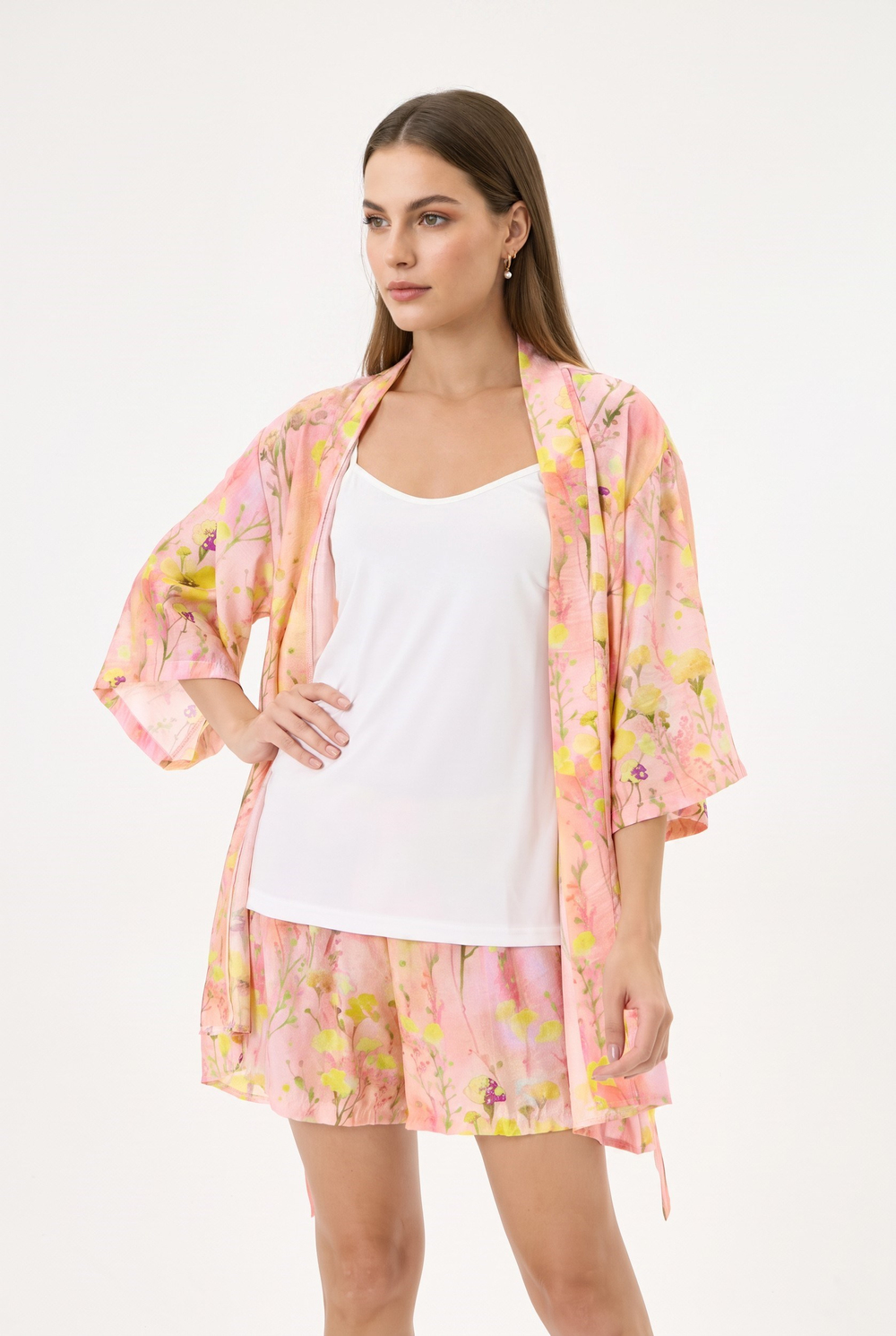 Çiçek Desenli 3'lü Şortlu Kimono Pijama Takımı