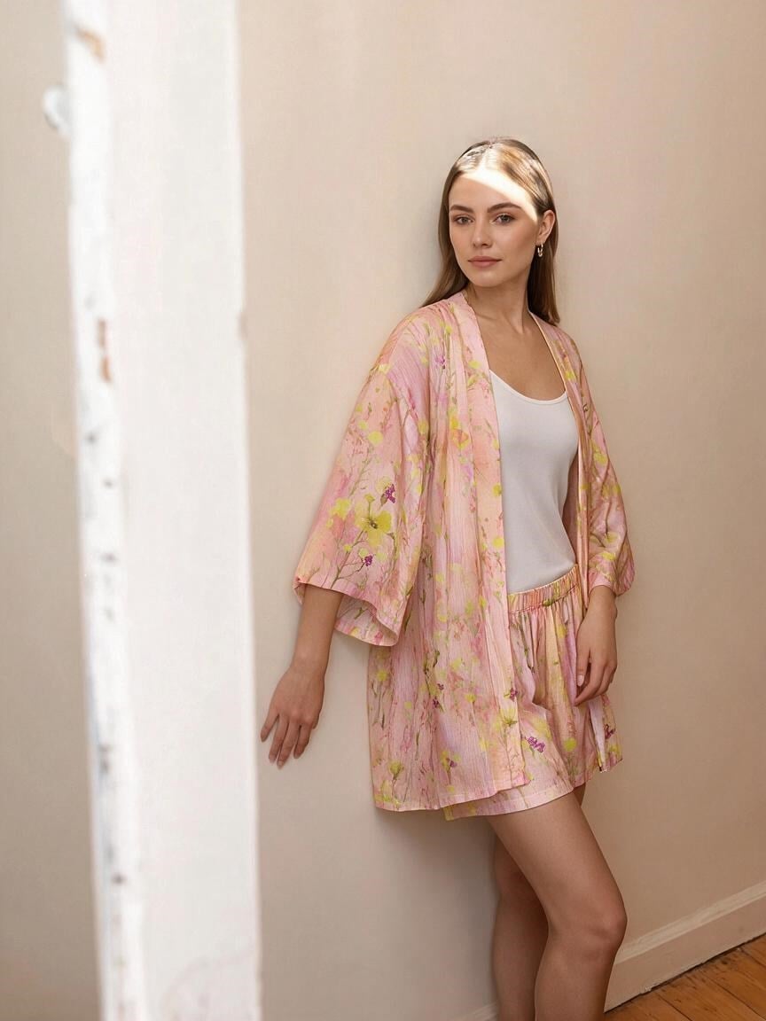 Çiçek Desenli 3'lü Kimono Takım