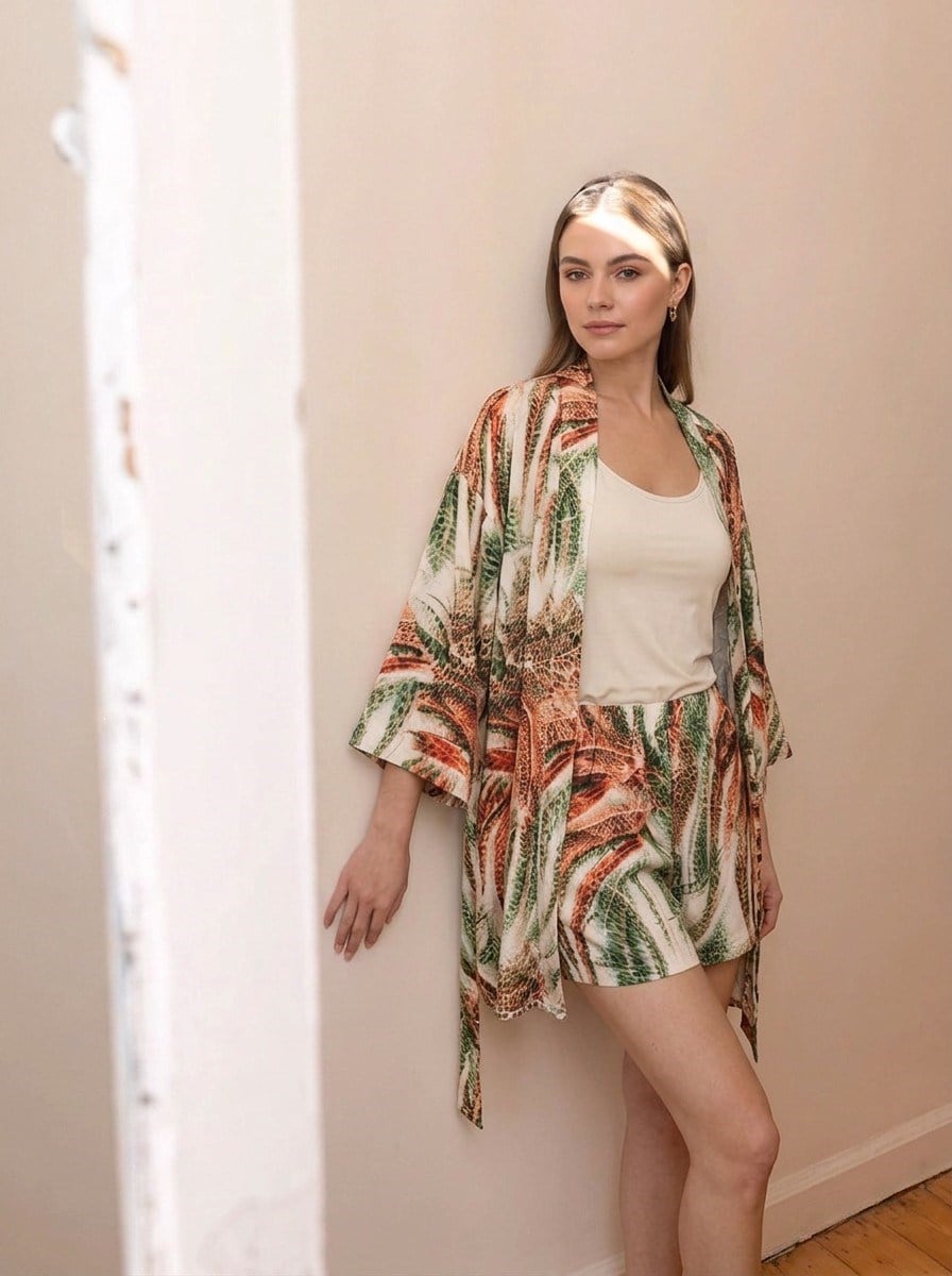 Zümrüt Desenli Kimono 3'lü Takım