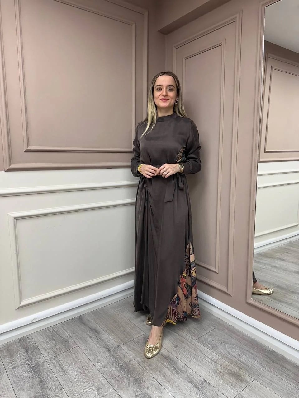 Almarwah Black 303836 Kahverengi Parça Desenli Elbise