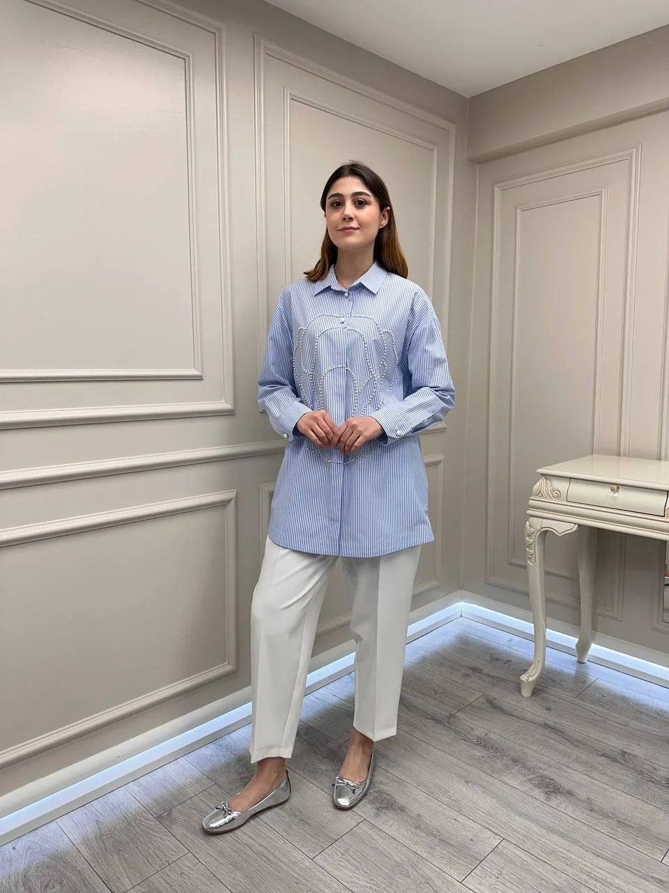 Ghisa 3610T4318 Mavi Çizgi Ve İnci Detaylı Tunik