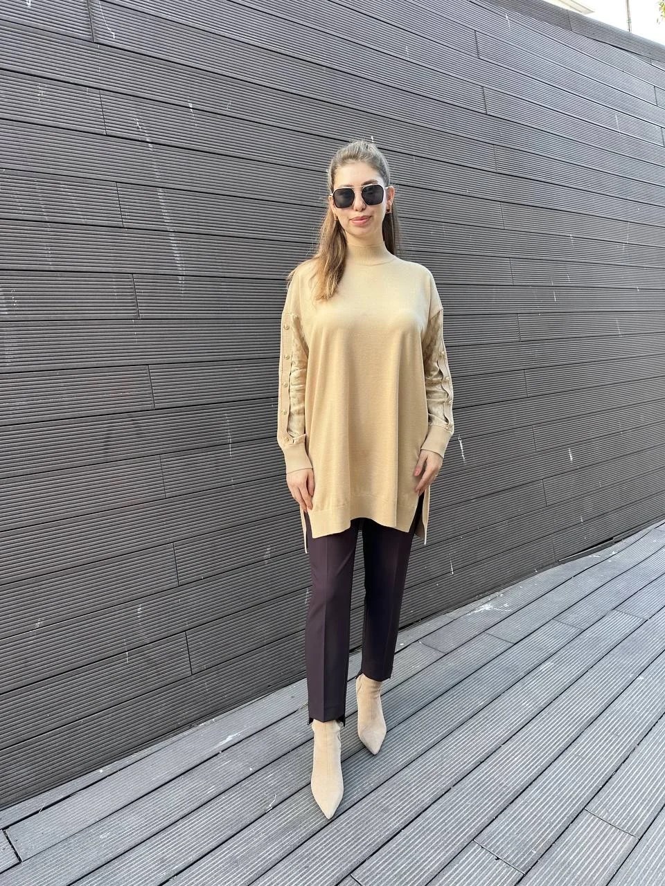 Ghisa 5KOBTNK4803 Camel Kol Detaylı Triko Tunik