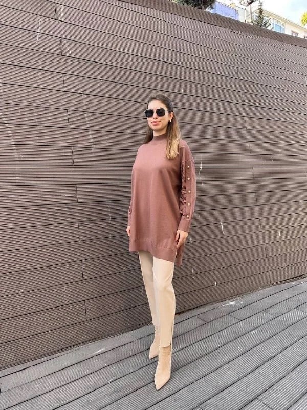 Ghisa 5KOBTNK4803 Kahve Kol Detaylı Triko Tunik