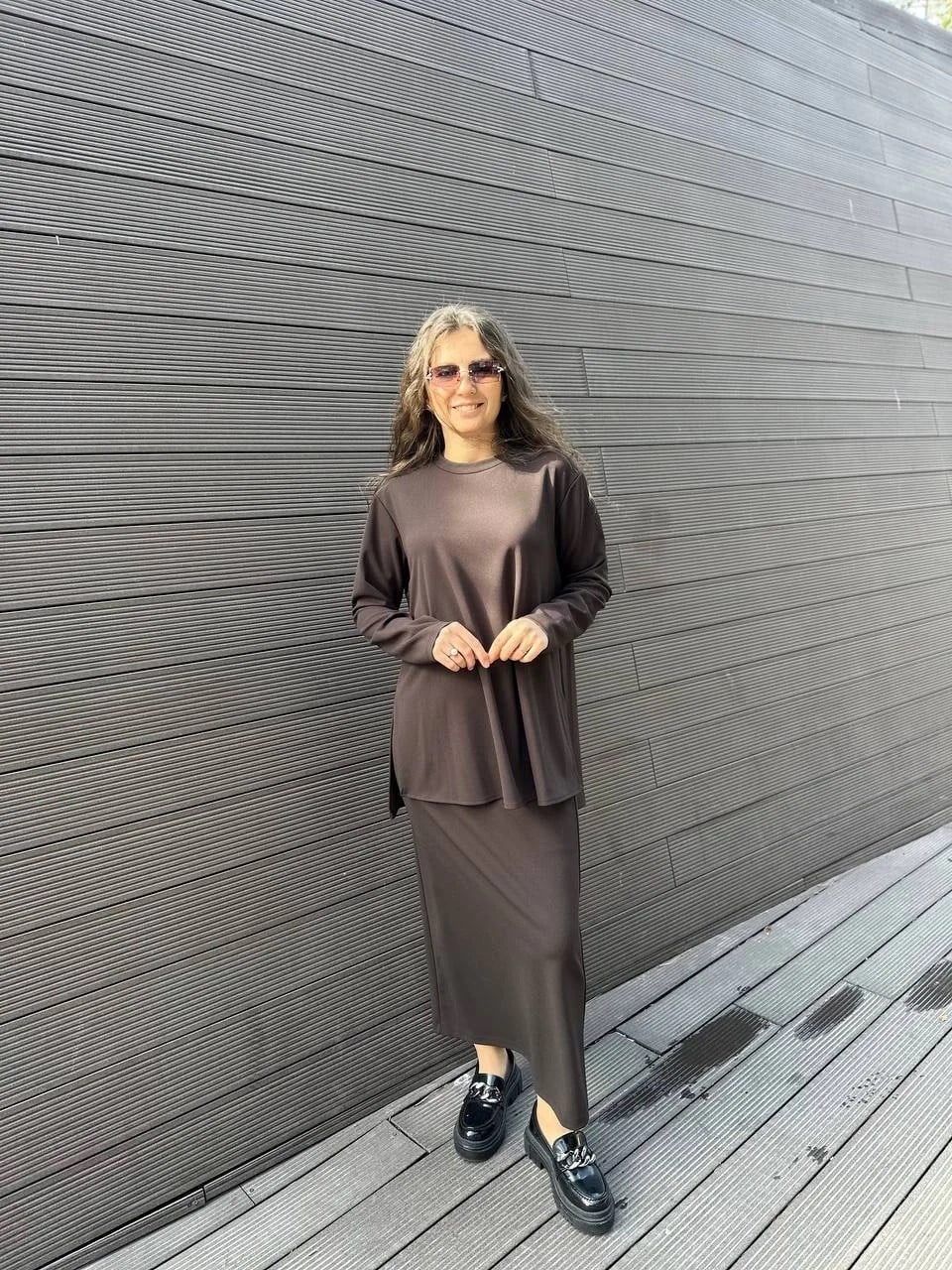 Heddy & Nurcan Çetin 24430 Kahve Düz Etekli Takım