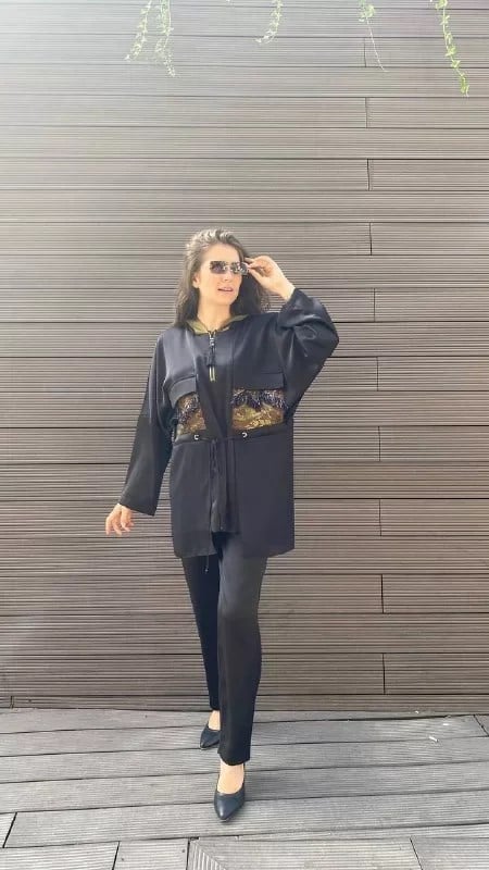 Hukka Design 040054 Siyah Cep Detaylı Bağlamalı Ceket
