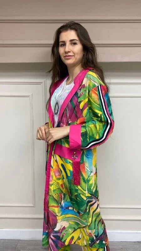 Hukka Design 12R026 Pembe Palmiye Desen Kimono