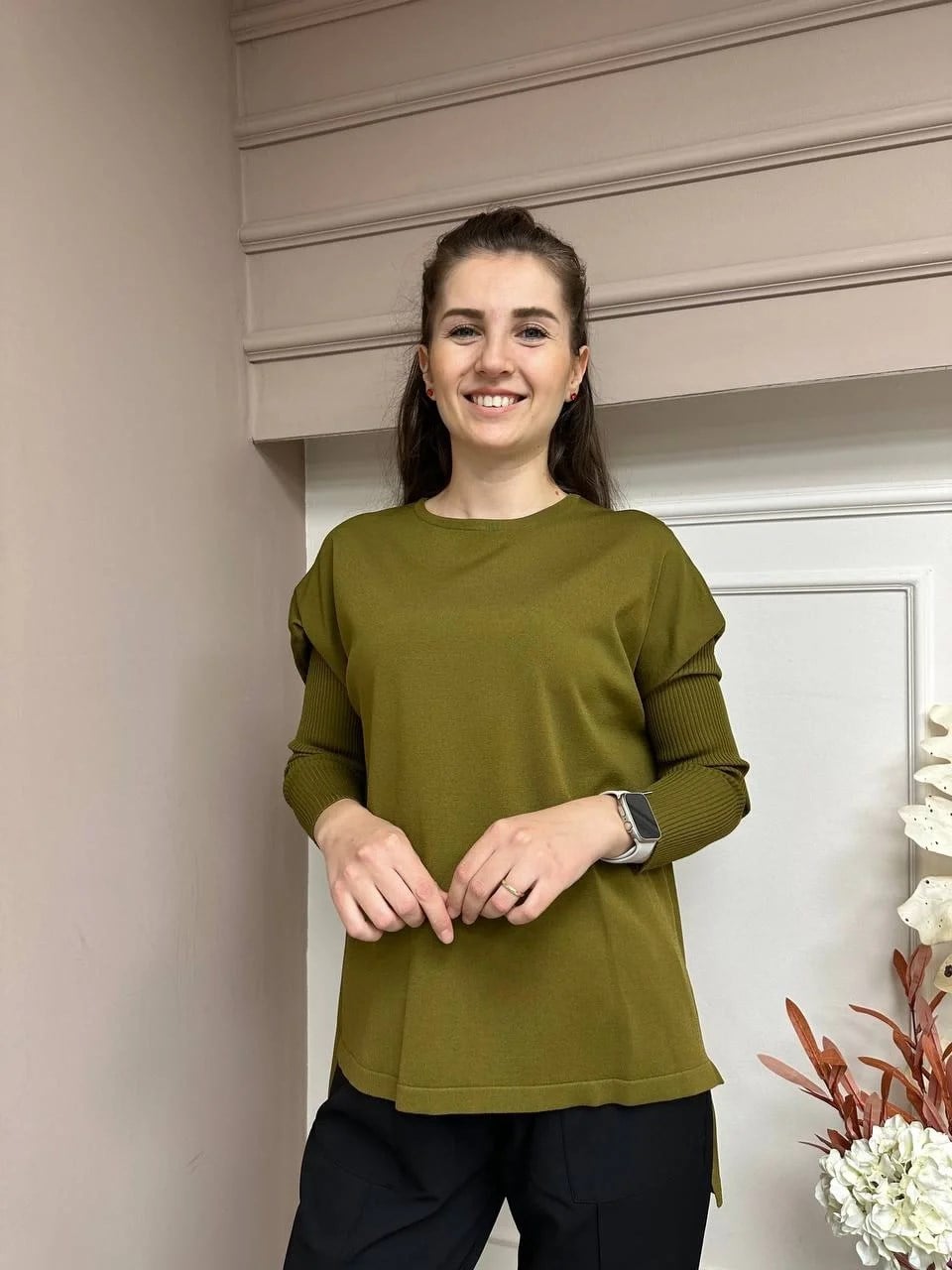 İnvee 5879 Yağ Yeşili Önü Kısa Arkası Uzun Triko