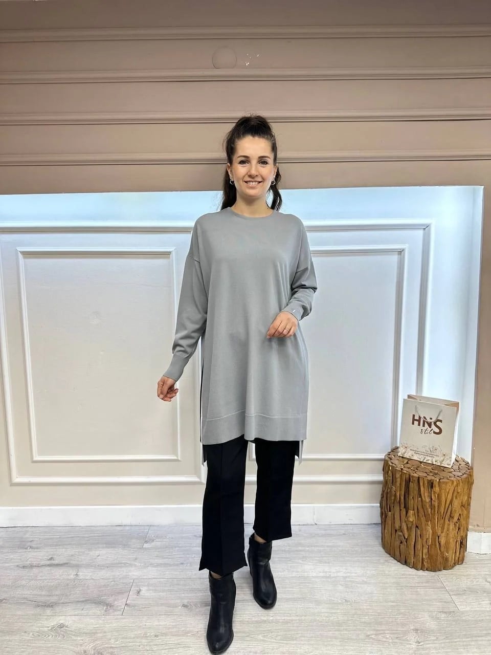 İnvee 6367 Gri Yanı Renkli Şerit Detaylı Triko