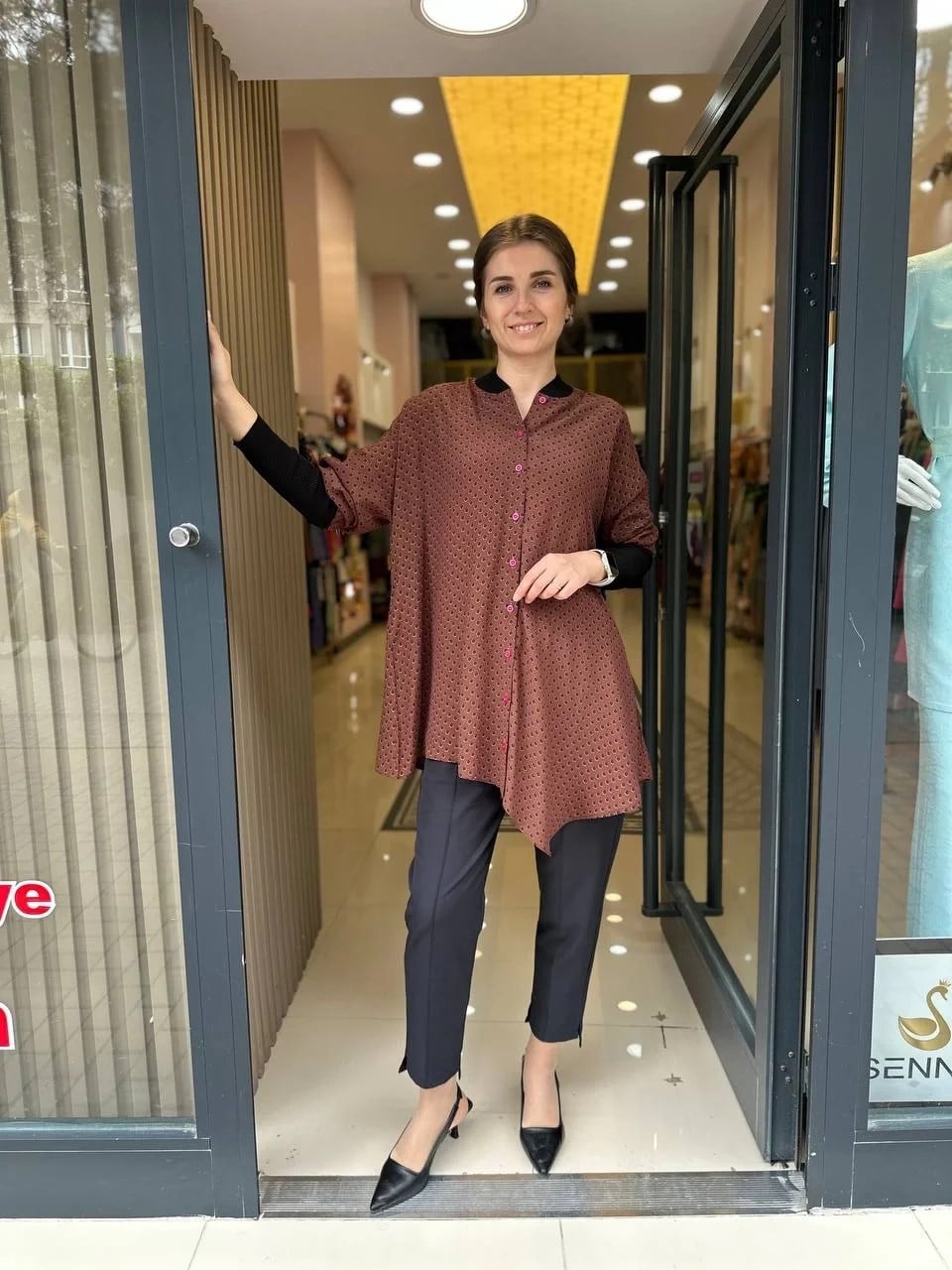 İnvee 6452 Kahve-Fuşya Puantiye Desenli Tunik