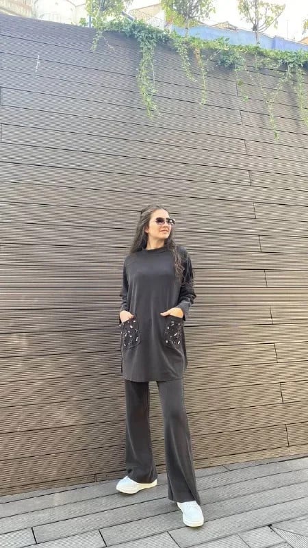 İnvee 6699 Kahve Cepleri Taş Detaylı Takım
