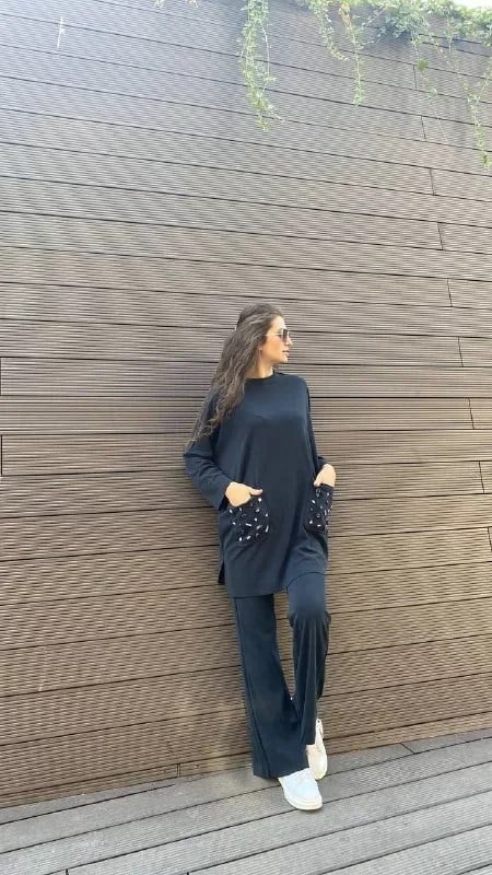 İnvee 6699 Siyah Cepleri Taş Detaylı Takım