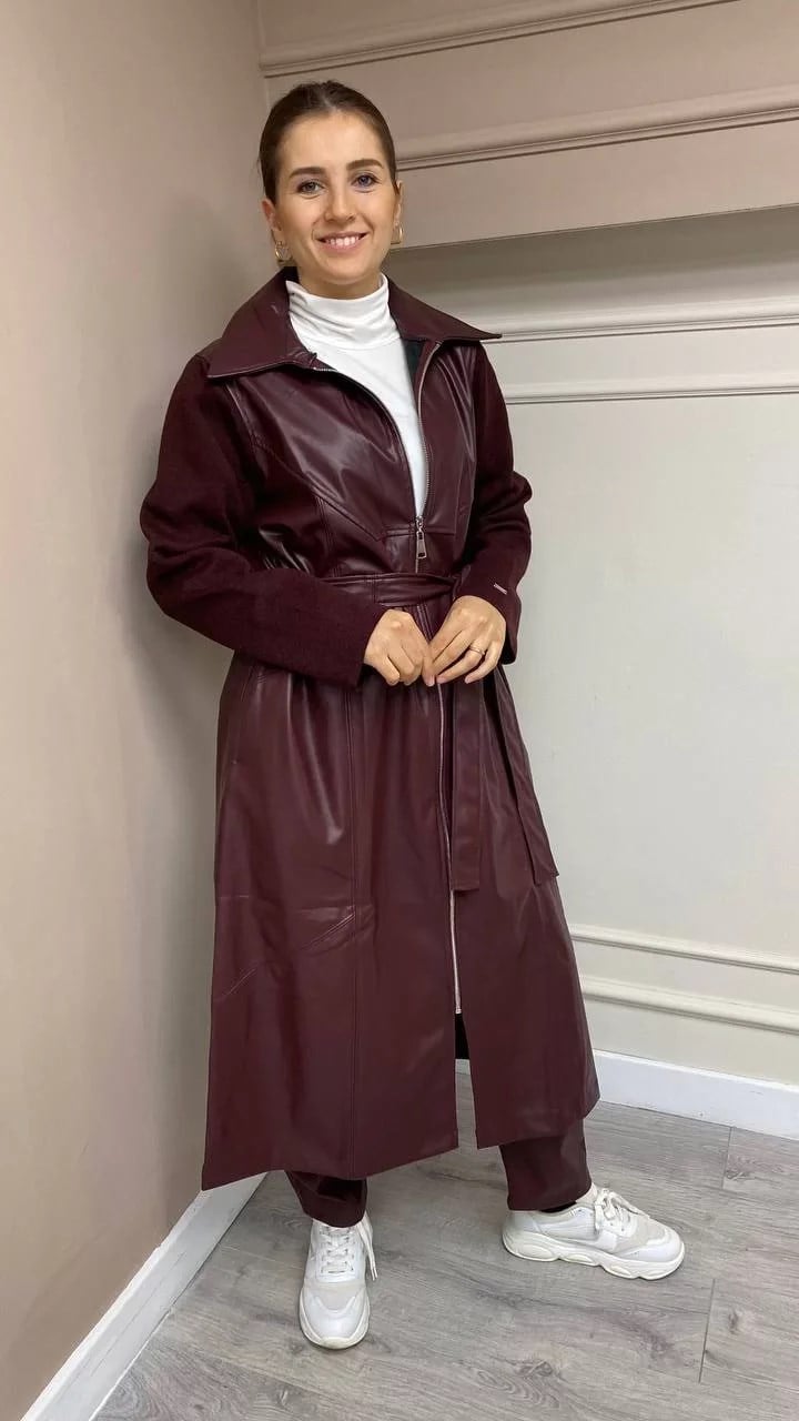 İnvee 6820 Bordo Uzun Deri Ceket