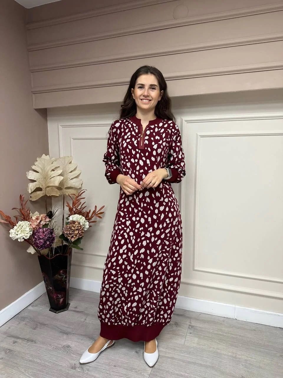 İnvee 6892 Bordo Nokta Desen Elbise