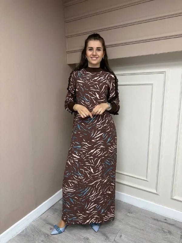 İnvee 6894 Kahve Desenli Elbise