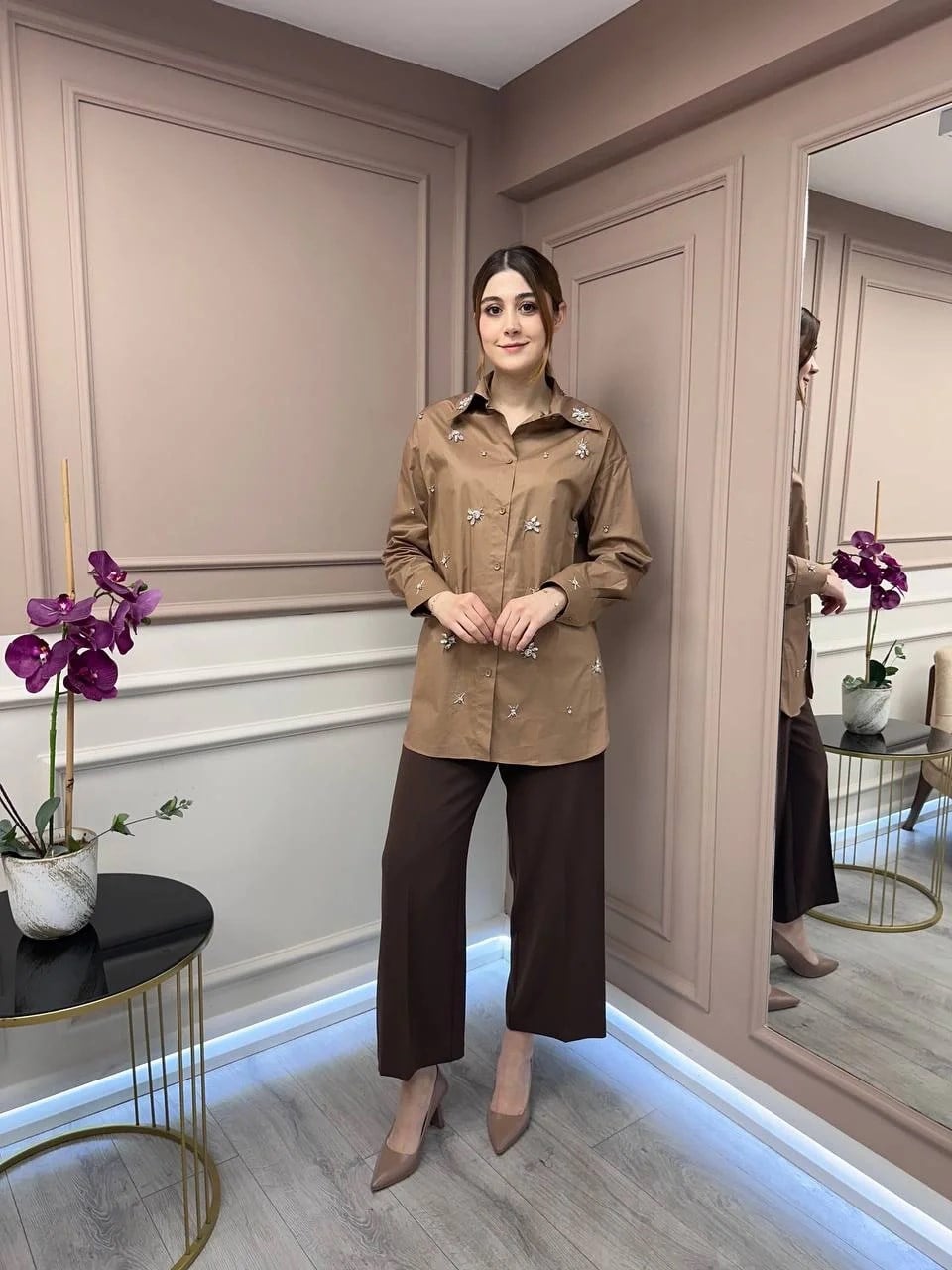 Lisa Exclusive 5052 Kahve Taş İşlemeli Gömlek