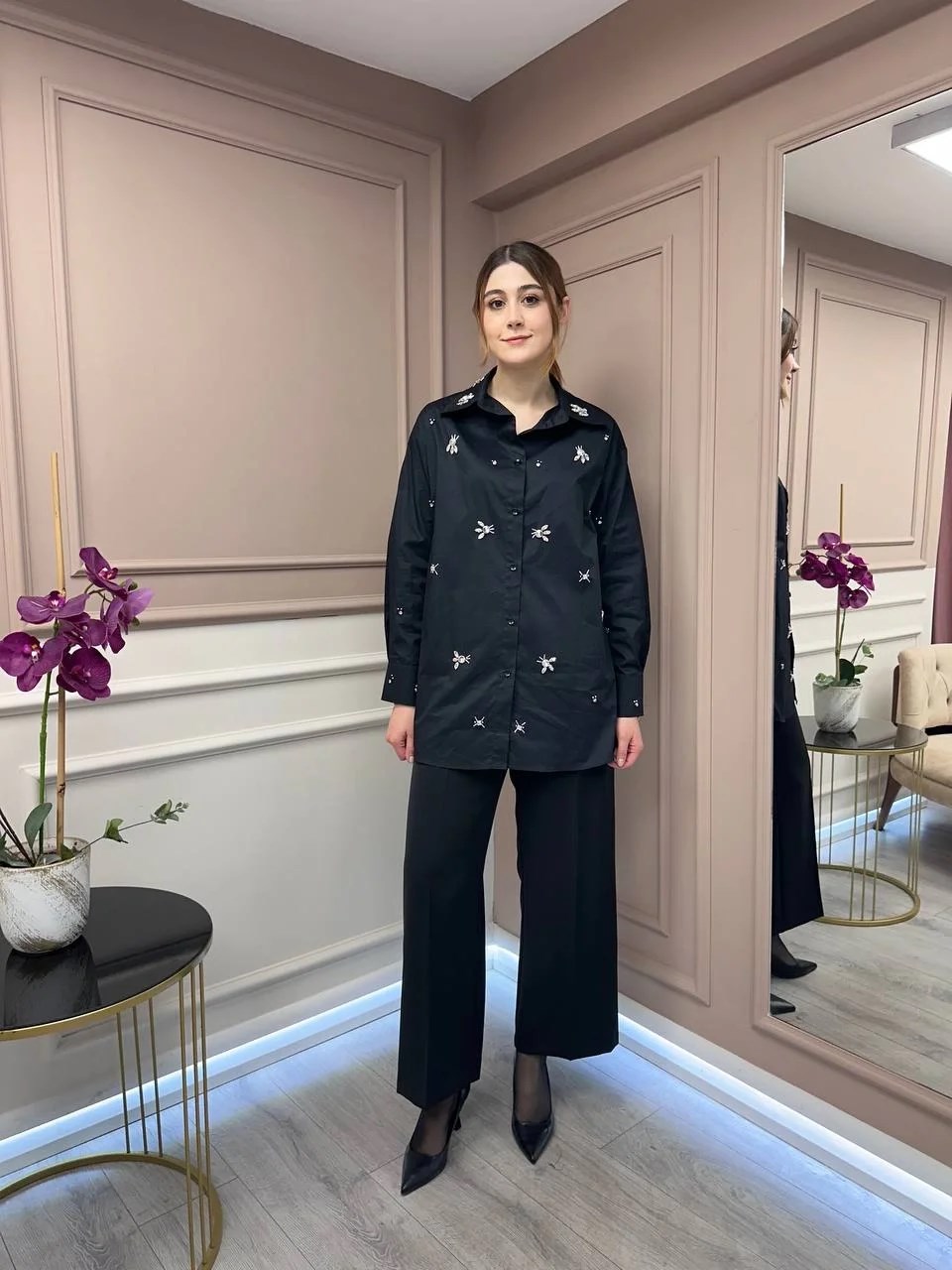 Lisa Exclusive 5052 Siyah Taş İşlemeli Gömlek
