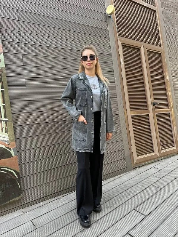 Magazin 7222 Gri Yaka Detaylı Kot Ceket