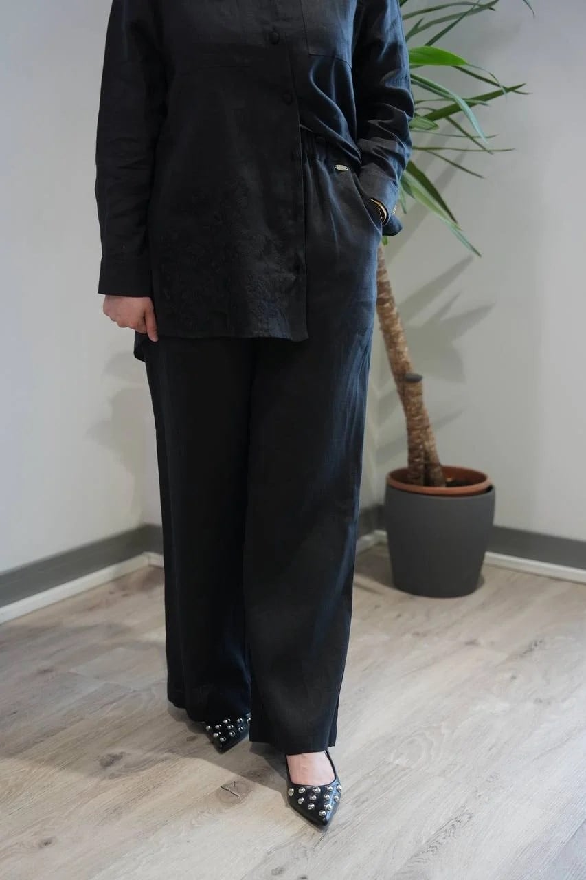 Miss Dalida 2267251 Siyah Beli Lastikli Bol Paça Keten Pantolon