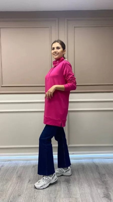 Missemramiss S3711 Fuşya Omzu Taşlı Sweat