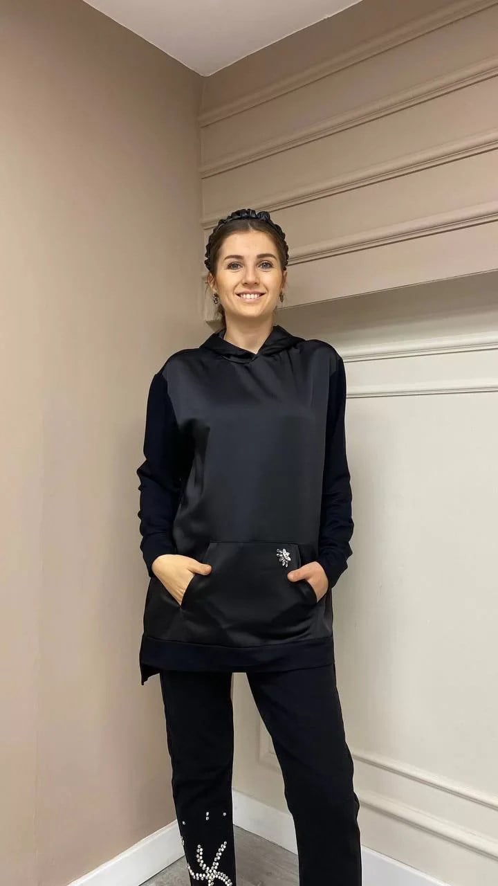 Missemramiss S3712 Siyah İpek Saten İşli Sweat