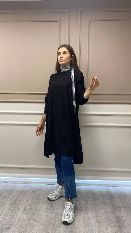 Misswhence 32024 Siyah Pamuklu Dikiş Detaylı Tunik
