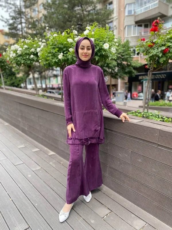 Misswhence 35023 Bordo Etek Ucu Kemerli İpek Tunik