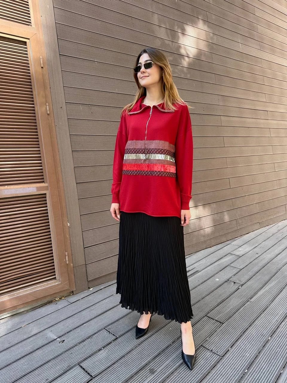 Misswhence 38001 Kırmızı Triko Patchwork Tunik